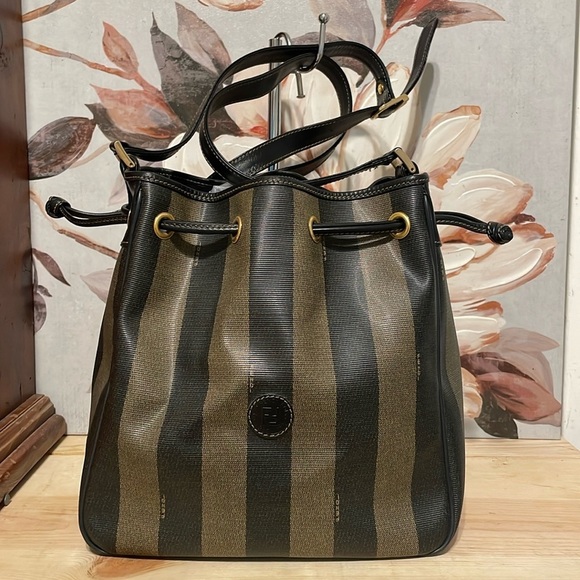 Fendi Handbags - Vintage bucket Fendi Black and Brown Striped Bag